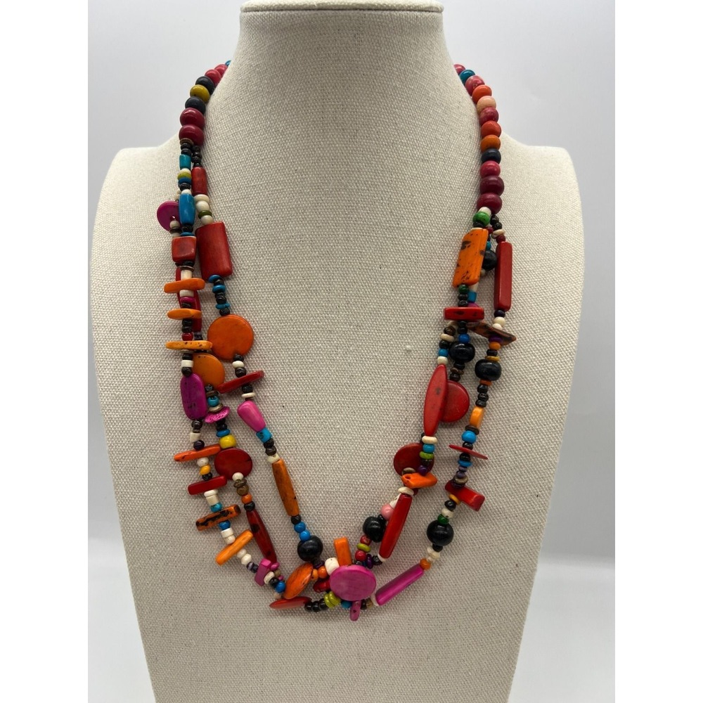Layered Colorful Seed Bead Necklace Boho Eclectic Artisan Colorful Tagua Style